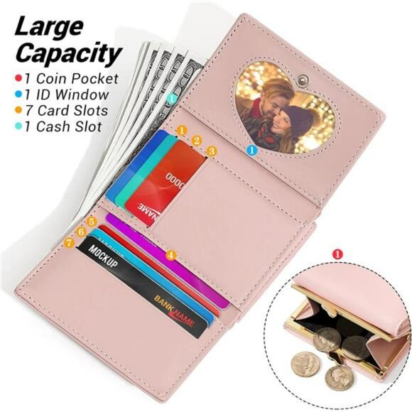 Small leather wallet for women trifold card holder cute pink girls slim purse - Picture 4 of 7